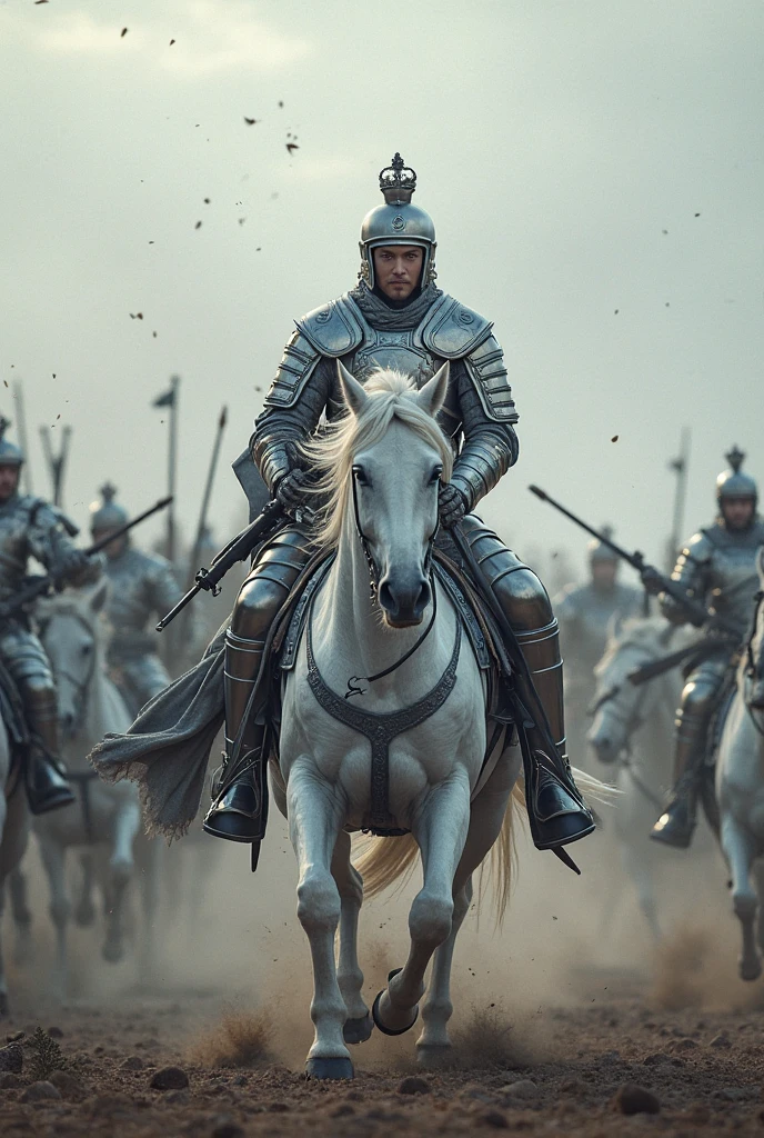 White Horse Silver Gun Zhao Zilong rushed alone，Embracing Master A Dou，Silver Armor Shines，Long Guns Like Dragons，Surrounding Thousand Cao Jun，The battlefield is full of gunfire，Epic War Scenes，Jingo Iron Horse，Twilight is pale，Professional Movie Texture