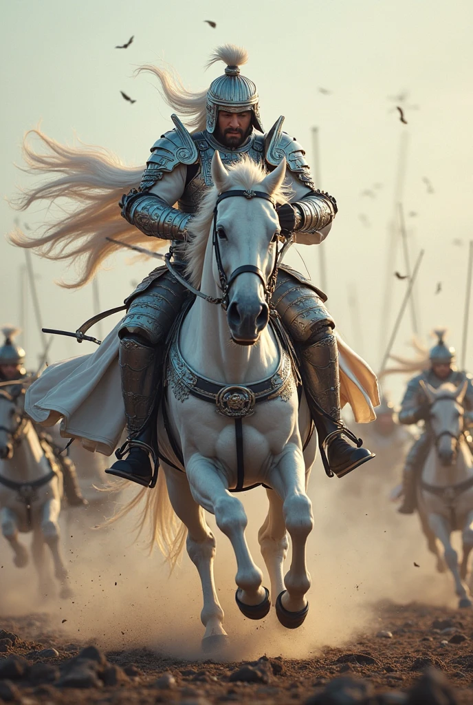 White Horse Silver Gun Zhao Zilong rushed alone,Embracing Master A Dou,Silver Armor Shines,Long Guns Like Dragons,Surrounding Thousand Cao Jun,The battlefield is full of gunfire,Epic War Scenes,Jingo Iron Horse,Twilight is pale,Professional Movie Texture
