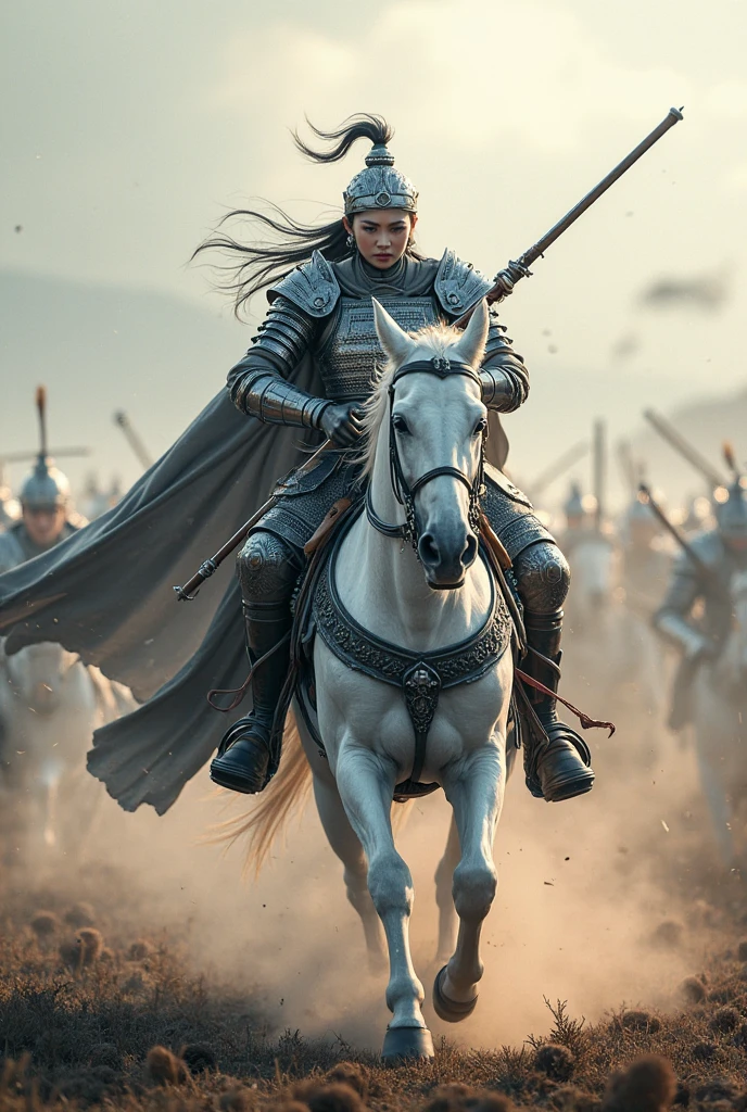 White Horse Silver Gun Zhao Zilong rushed alone,Embracing Master A Dou,Silver Armor Shines,Long Guns Like Dragons,Surrounding Thousand Cao Jun,The battlefield is full of gunfire,Epic War Scenes,Jingo Iron Horse,Twilight is pale,Professional Movie Texture