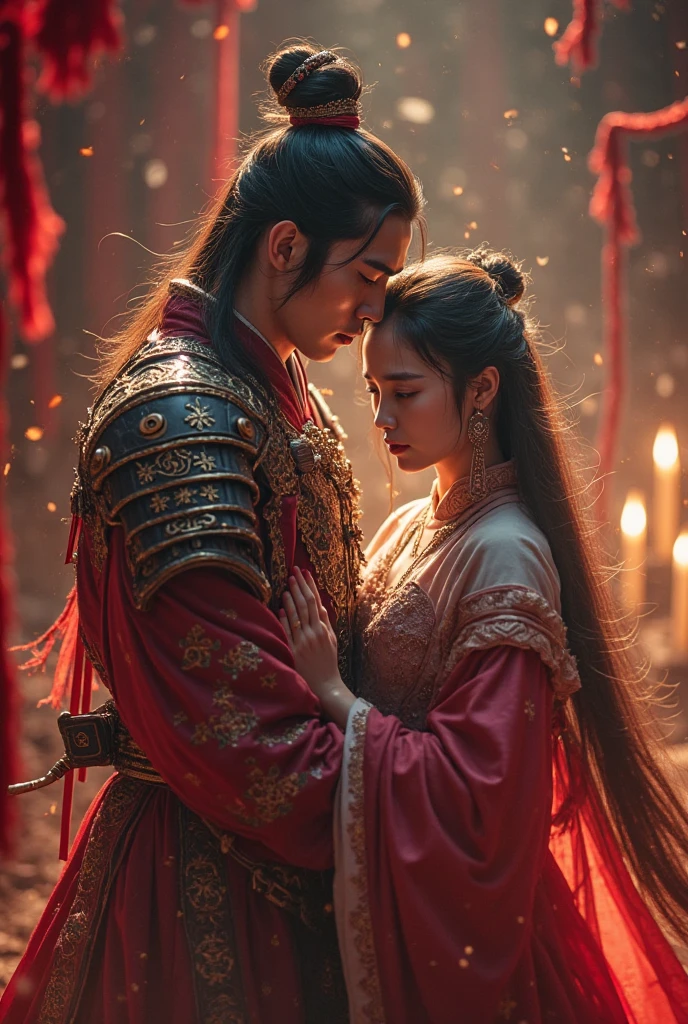 General Lu Bu, who is desperate to be sad,, holds a pale Diao Chan,She is wearing a gorgeous palace costume,Long hair draped loosely,Tears in the corners of his eyes,Lu Bu's armor is stained with blood,Candlelight flickering around,Red yarn wafting through the tent,Miserable atmosphere,Cinematic light and shadow,4K Ultra Clear