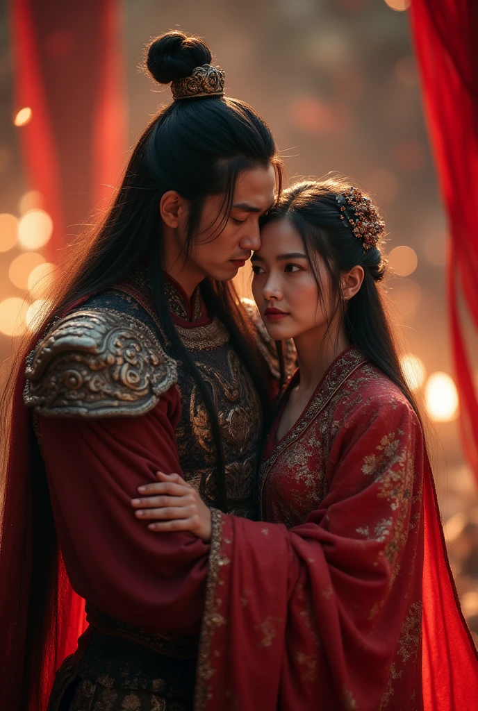 General Lu Bu, who is desperate to be sad,, holds a pale Diao Chan,She is wearing a gorgeous palace costume,Long hair draped loosely,Tears in the corners of his eyes,Lu Bu's armor is stained with blood,Candlelight flickering around,Red yarn wafting through the tent,Miserable atmosphere,Cinematic light and shadow,4K Ultra Clear