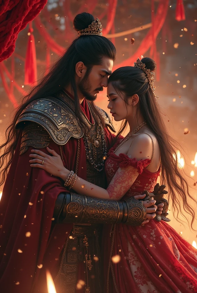 General Lu Bu, who is desperate to be sad,, holds a pale Diao Chan,She is wearing a gorgeous palace costume,Long hair draped loosely,Tears in the corners of his eyes,Lu Bu's armor is stained with blood,Candlelight flickering around,Red yarn wafting through the tent,Miserable atmosphere,Cinematic light and shadow,4K Ultra Clear