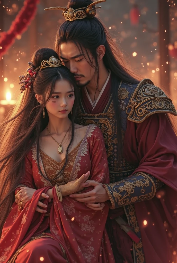 General Lu Bu, who is desperate to be sad,, holds a pale Diao Chan,She is wearing a gorgeous palace costume,Long hair draped loosely,Tears in the corners of his eyes,Lu Bu's armor is stained with blood,Candlelight flickering around,Red yarn wafting through the tent,Miserable atmosphere,Cinematic light and shadow,4K Ultra Clear