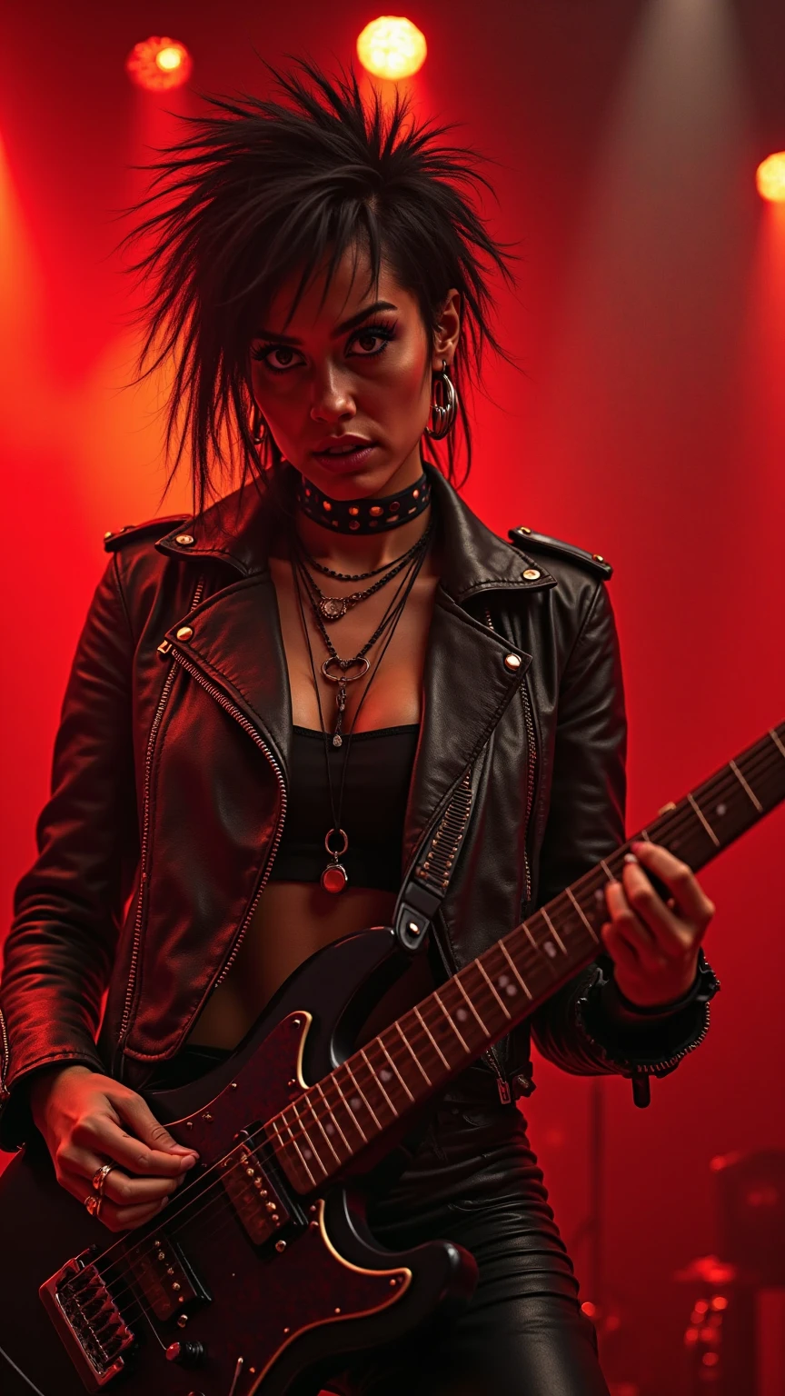 Punk rock girl with spiked black hair and leather jacket, standing on stage with electric guitar, intense red lighting, dynamic performance pose, close-up portrait with dramatic shadows