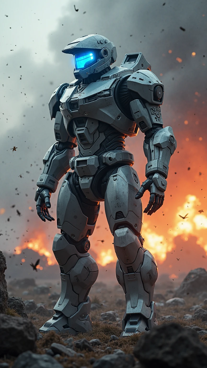 Futuristic battlefield scene featuring a sleek mechanical armor unit standing amidst smoke and debris, glowing blue visor scanning the warzone, metallic surfaces reflecting explosions in the distance, dynamic low-angle shot with dramatic lighting.