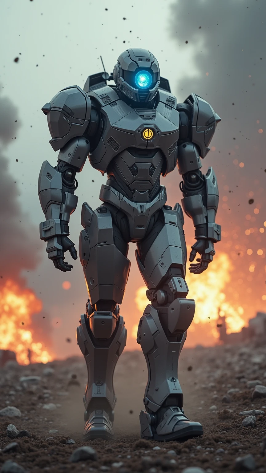 Futuristic battlefield scene featuring a sleek mechanical armor unit standing amidst smoke and debris, glowing blue visor scanning the warzone, metallic surfaces reflecting explosions in the distance, dynamic low-angle shot with dramatic lighting.
