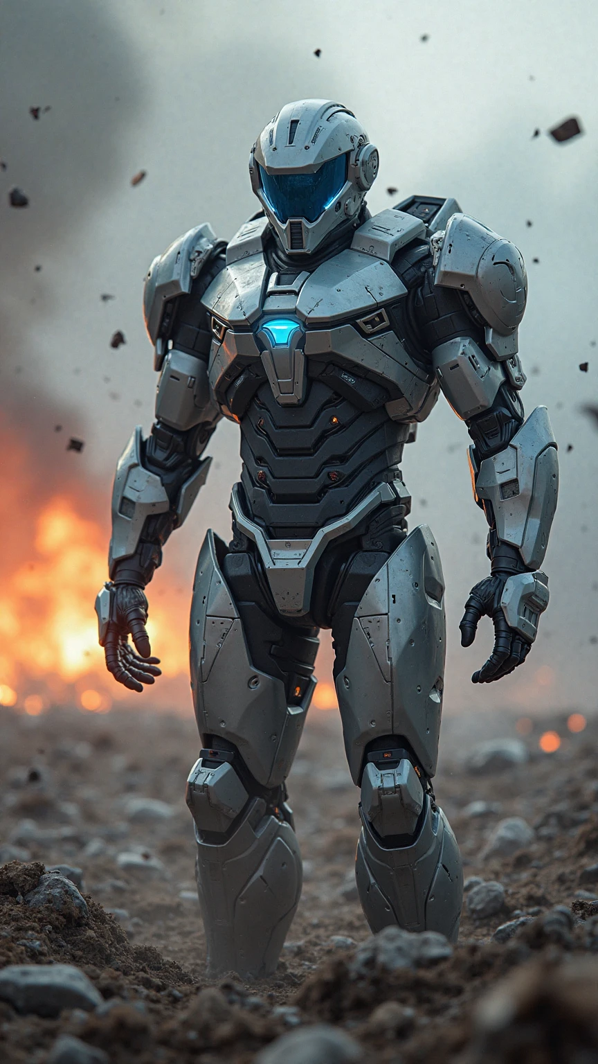Futuristic battlefield scene featuring a sleek mechanical armor unit standing amidst smoke and debris, glowing blue visor scanning the warzone, metallic surfaces reflecting explosions in the distance, dynamic low-angle shot with dramatic lighting.