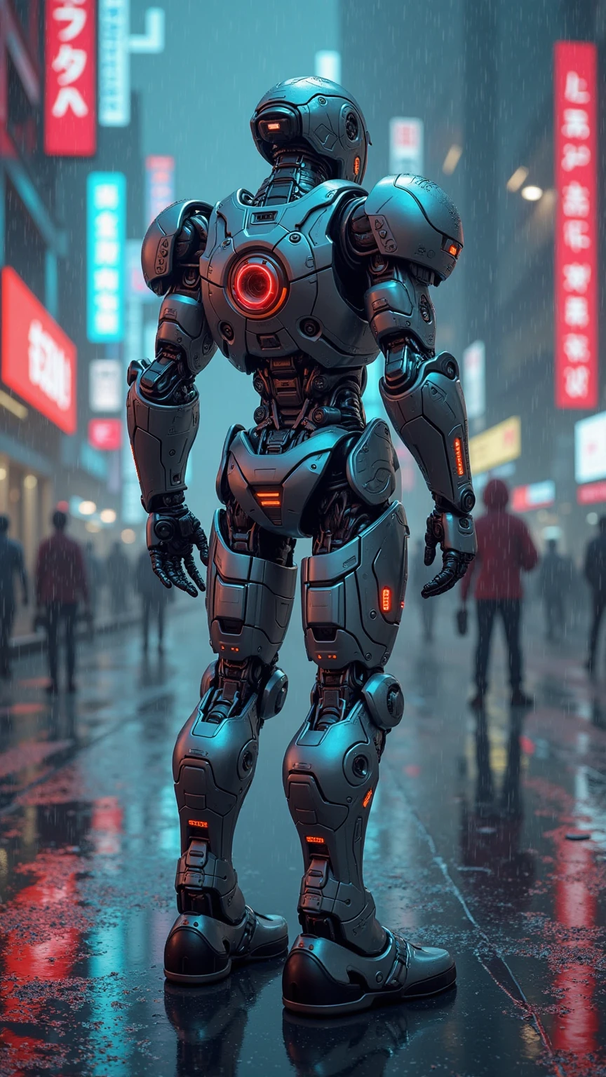 Cyberpunk-style robot arm warrior、shining armor with a silver and blue metallic body、mechanical arm with the left arm that can be transformed into a huge weapon、with a red optical sensor glowing coldly。The background is a dark city neon city、reflecting asphalt wet in the rain。CG rendering taken from a low angle while standing all over。