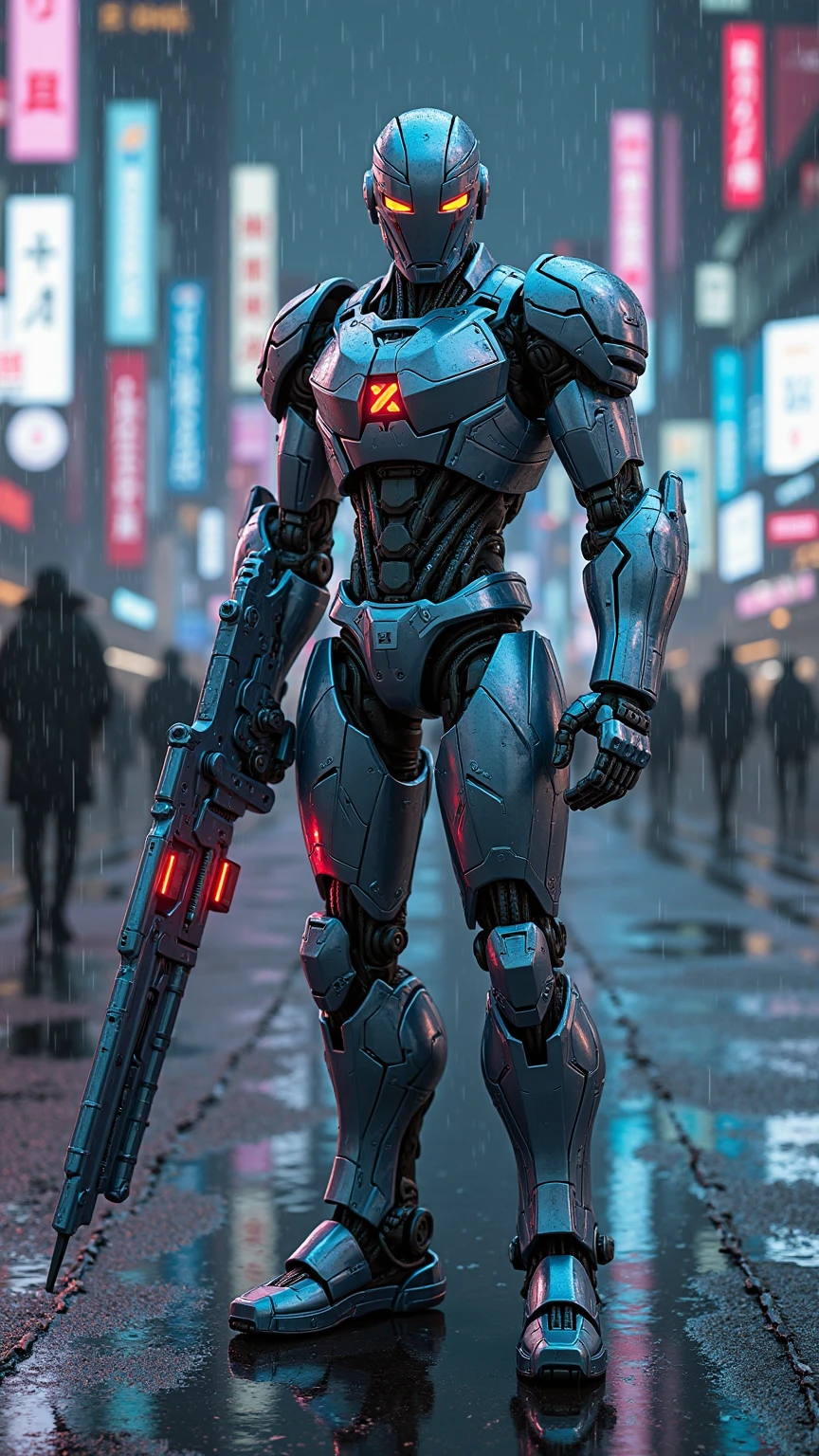 Cyberpunk-style robot arm warrior、shining armor with a silver and blue metallic body、mechanical arm with the left arm that can be transformed into a huge weapon、with a red optical sensor glowing coldly。The background is a dark city neon city、reflecting asphalt wet in the rain。CG rendering taken from a low angle while standing all over。