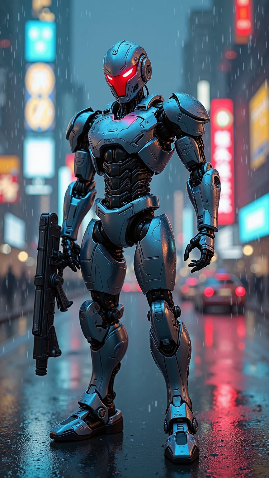 Cyberpunk-style robot arm warrior、shining armor with a silver and blue metallic body、mechanical arm with the left arm that can be transformed into a huge weapon、with a red optical sensor glowing coldly。The background is a dark city neon city、reflecting asphalt wet in the rain。CG rendering taken from a low angle while standing all over。