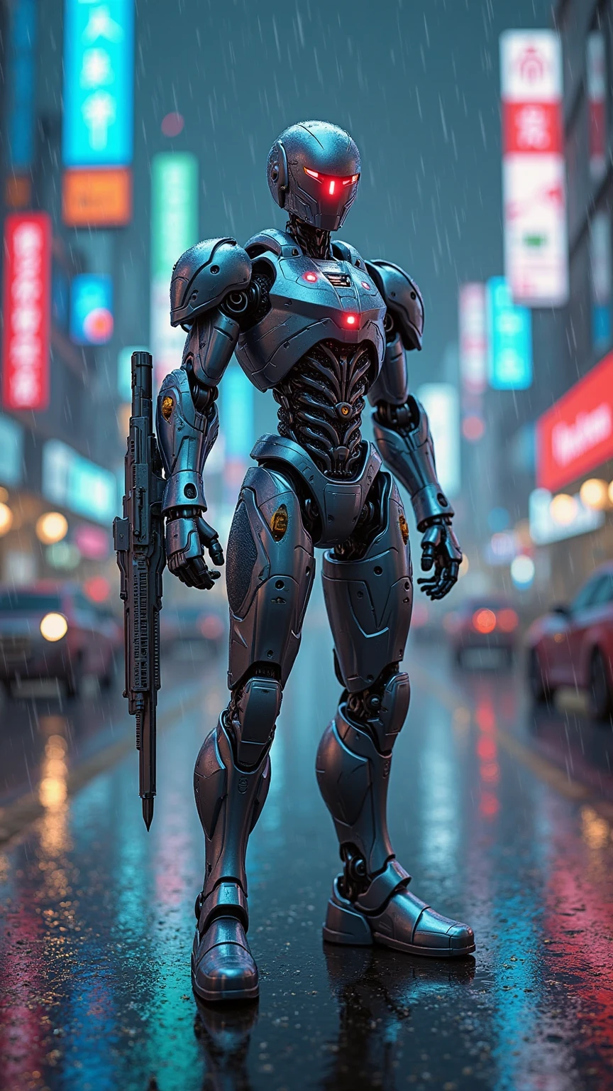 Cyberpunk-style robot arm warrior、shining armor with a silver and blue metallic body、mechanical arm with the left arm that can be transformed into a huge weapon、with a red optical sensor glowing coldly。The background is a dark city neon city、reflecting asphalt wet in the rain。CG rendering taken from a low angle while standing all over。