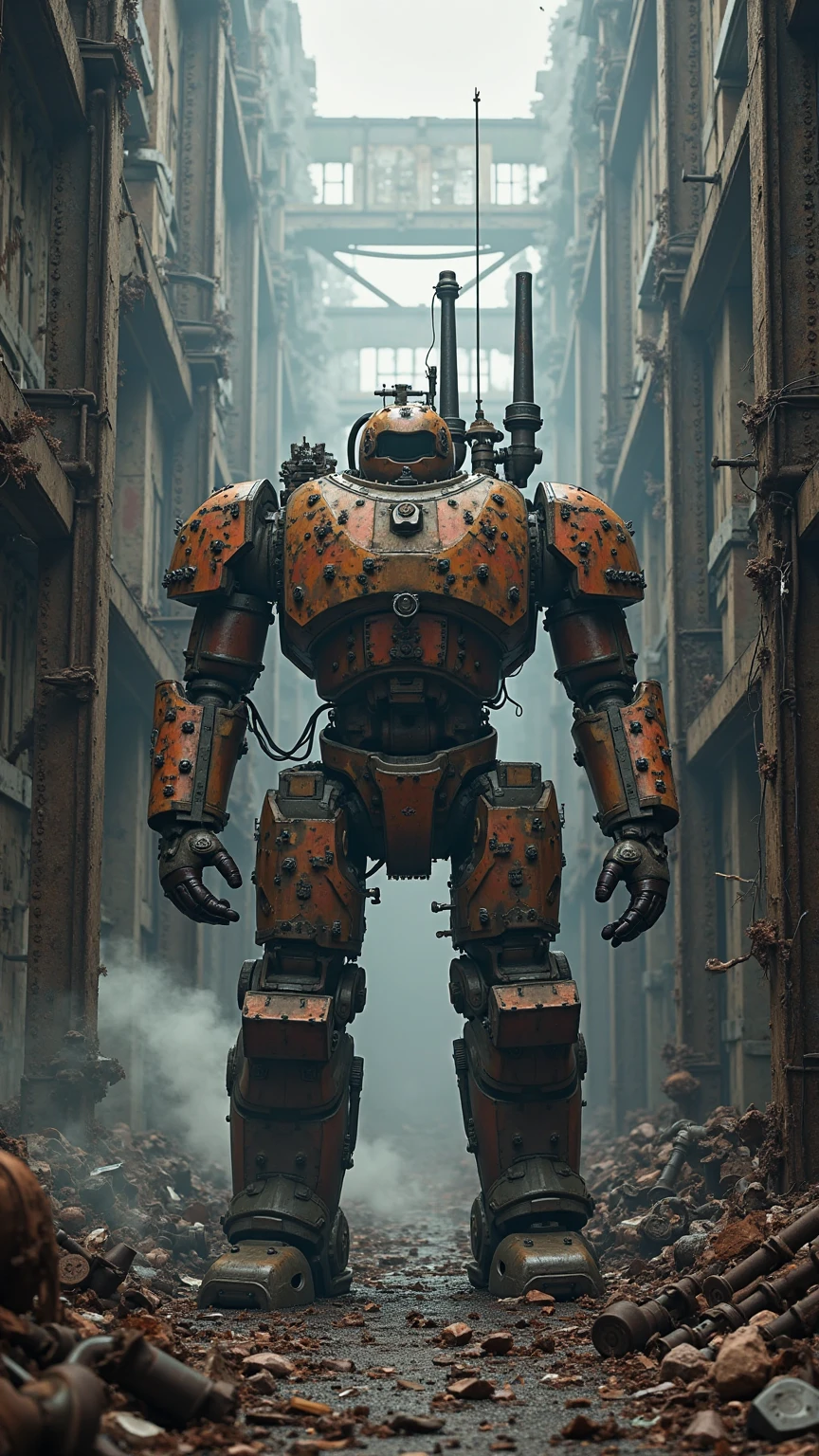 Industrial ruins with massive mechanical armor, standing between disintegrated steel girders and rusty machine parts. The armor has a robust, rusted surface with visible rivets and steam valves. In the background gloomy factory ruins with broken windows and falling cables. steam plume surrounding the scene. Semi-total perspective with a slight downside.