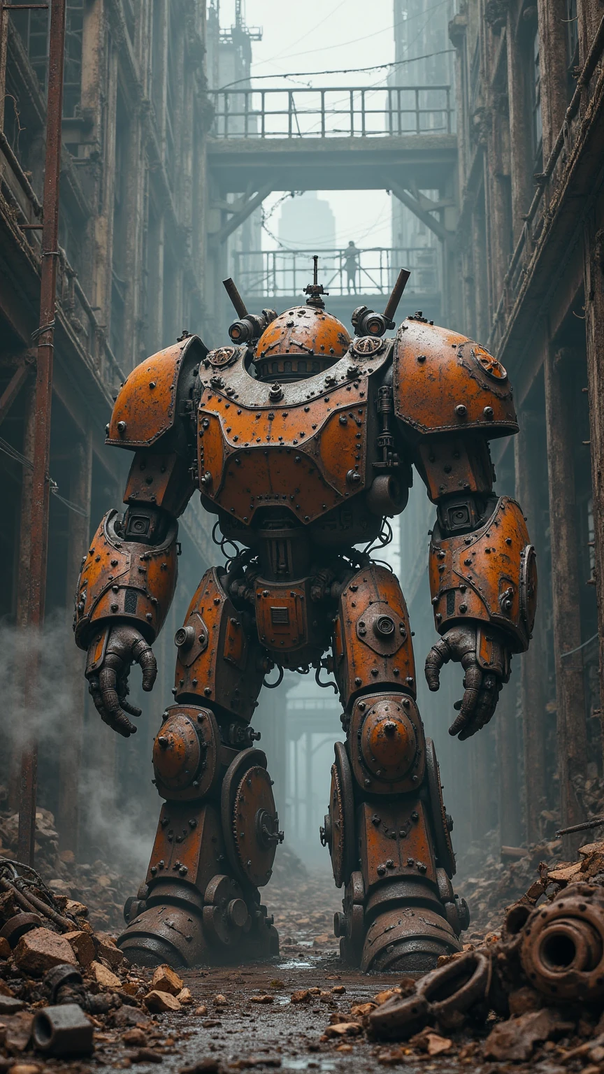 Industrial ruins with massive mechanical armor, standing between disintegrated steel girders and rusty machine parts. The armor has a robust, rusted surface with visible rivets and steam valves. In the background gloomy factory ruins with broken windows and falling cables. steam plume surrounding the scene. Semi-total perspective with a slight downside.