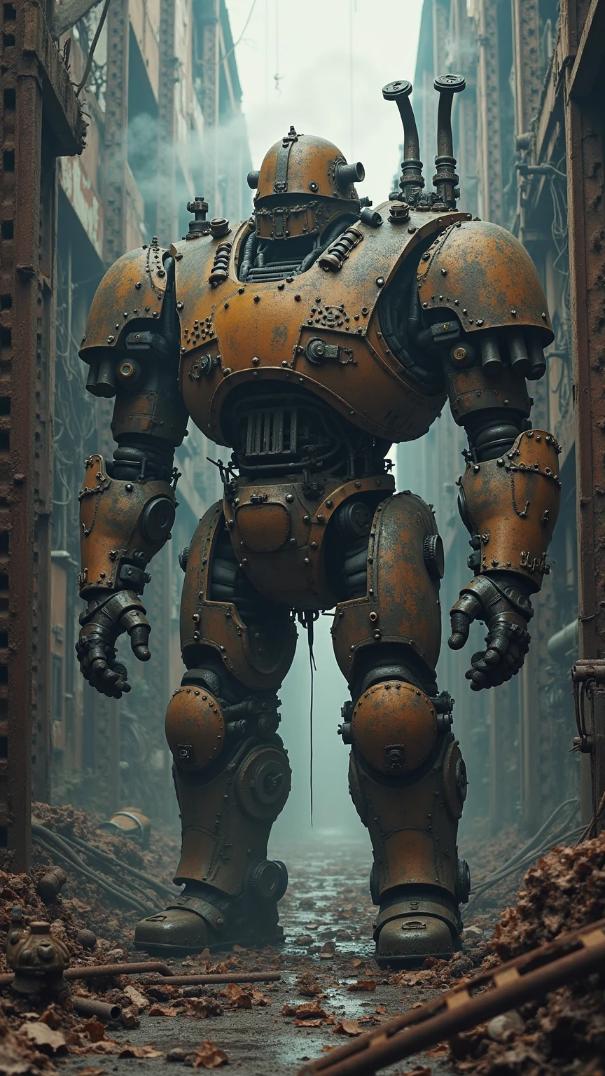 Industrial ruins with massive mechanical armor, standing between disintegrated steel girders and rusty machine parts. The armor has a robust, rusted surface with visible rivets and steam valves. In the background gloomy factory ruins with broken windows and falling cables. steam plume surrounding the scene. Semi-total perspective with a slight downside.