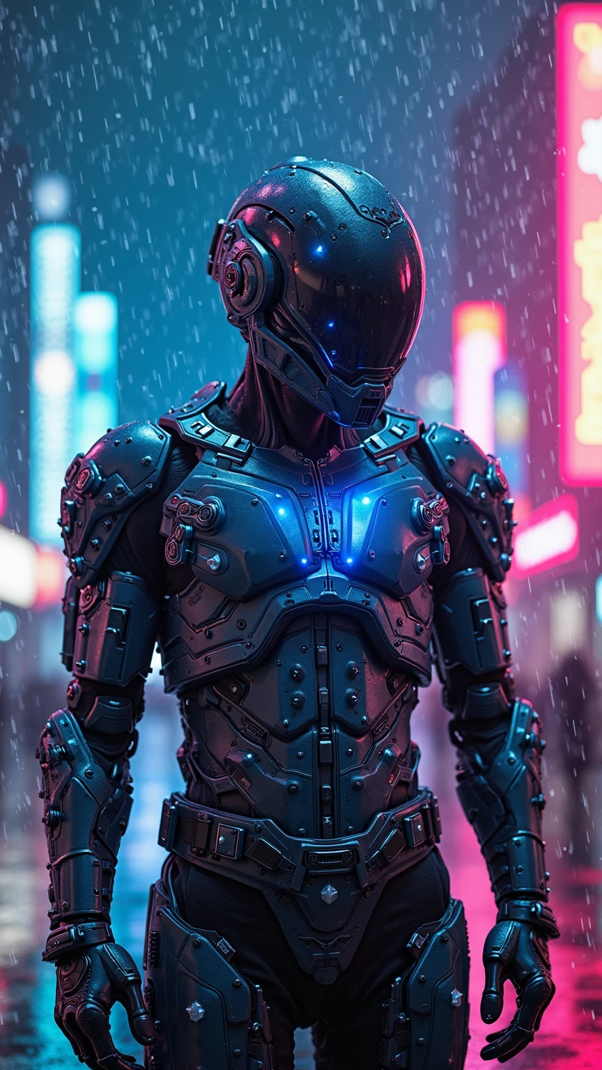 Cyberpunk neon style, a sleek mechanical armor suit glowing with vibrant blue and pink neon lights, intricate metallic details reflecting the futuristic cityscape, dynamic low-angle shot with rain effects
