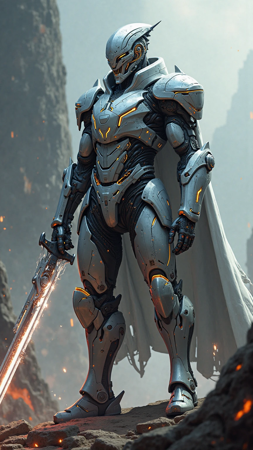 Cyborg knight in futuristic mechanical armor, mix of metal and light circuits, imposing pose with an energetic sword, sci-fi concept art style, low angle view to increase power