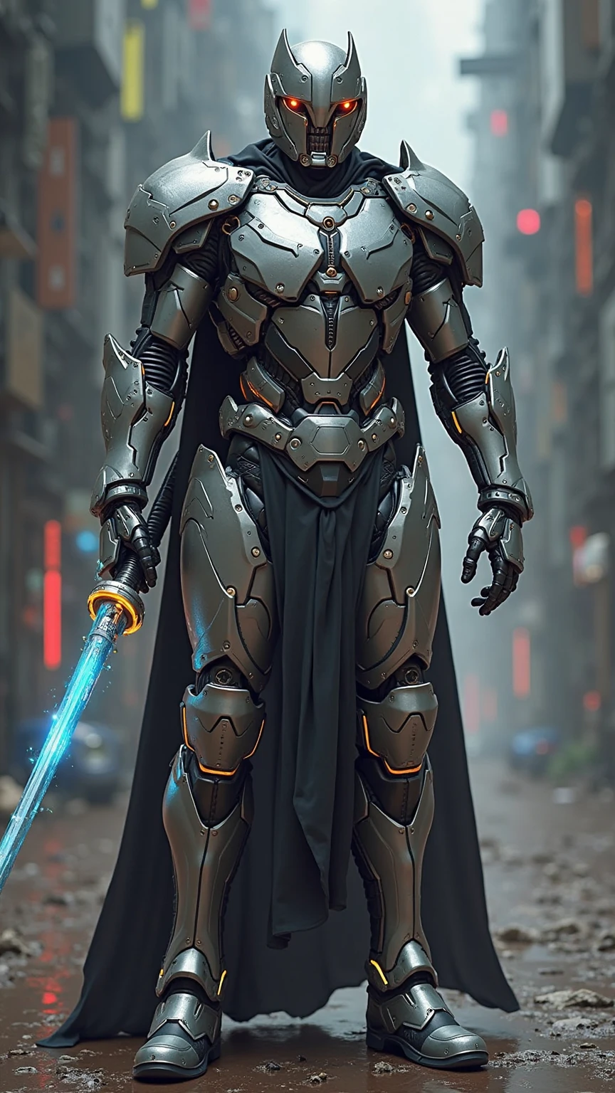 Cyborg knight in futuristic mechanical armor, mix of metal and light circuits, imposing pose with an energetic sword, sci-fi concept art style, low angle view to increase power