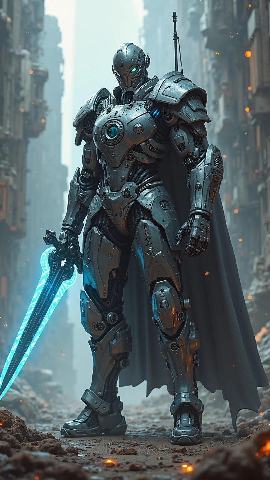 Cyborg knight in futuristic mechanical armor, mix of metal and light circuits, imposing pose with an energetic sword, sci-fi concept art style, low angle view to increase power