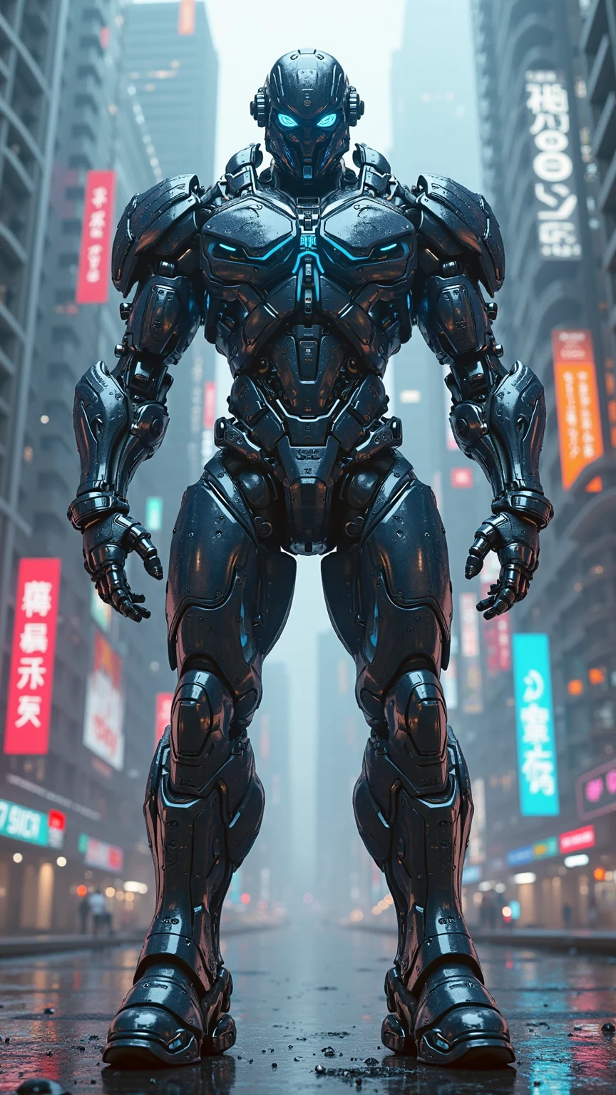 Cyberpunk style, a sleek mechanical armor with glowing neon blue accents, standing in a futuristic cityscape with holographic displays and towering skyscrapers, dynamic low-angle shot