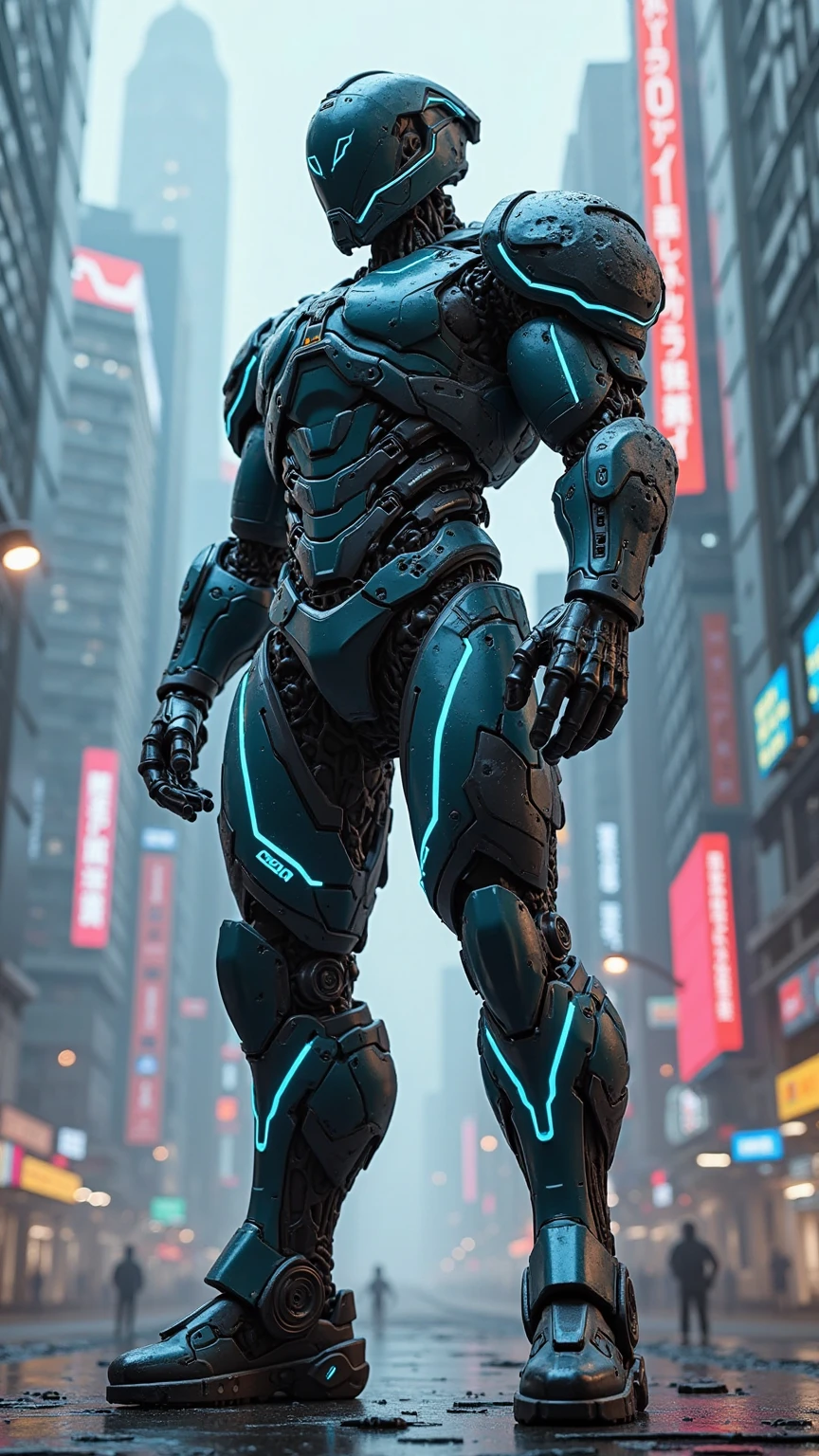 Cyberpunk style, a sleek mechanical armor with glowing neon blue accents, standing in a futuristic cityscape with holographic displays and towering skyscrapers, dynamic low-angle shot