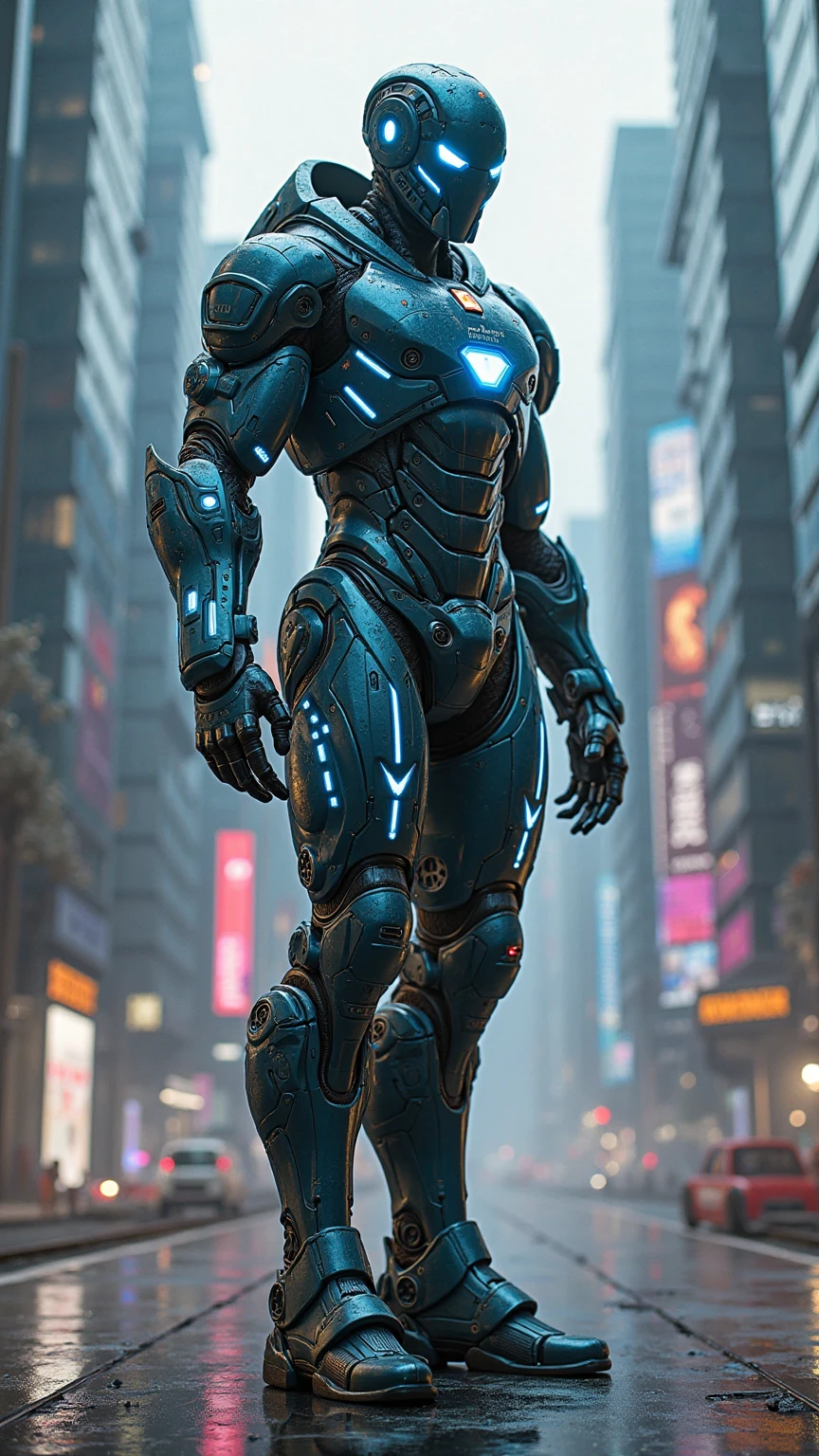 Cyberpunk style, a sleek mechanical armor with glowing neon blue accents, standing in a futuristic cityscape with holographic displays and towering skyscrapers, dynamic low-angle shot