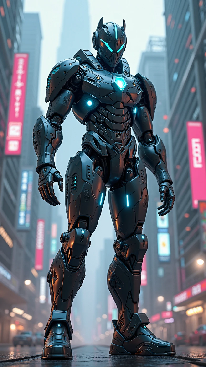 Cyberpunk style, a sleek mechanical armor with glowing neon blue accents, standing in a futuristic cityscape with holographic displays and towering skyscrapers, dynamic low-angle shot