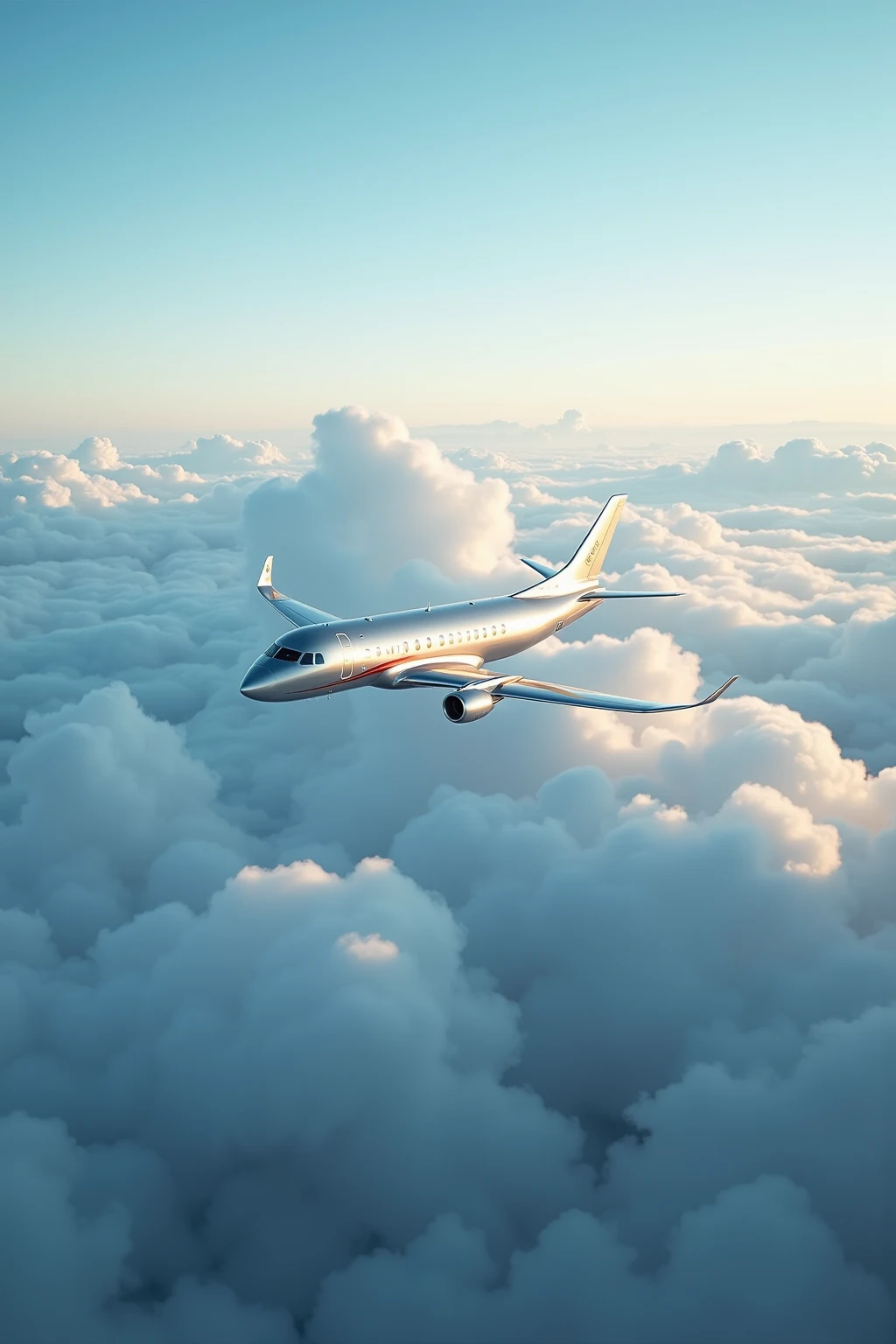 Cloud cruising scene,A silver airliner flies smoothly in the blue sky,The wing crosses the fluffy white clouds,The sun shines on the metal fuselage,A bird's-eye view shows the vast sea of clouds