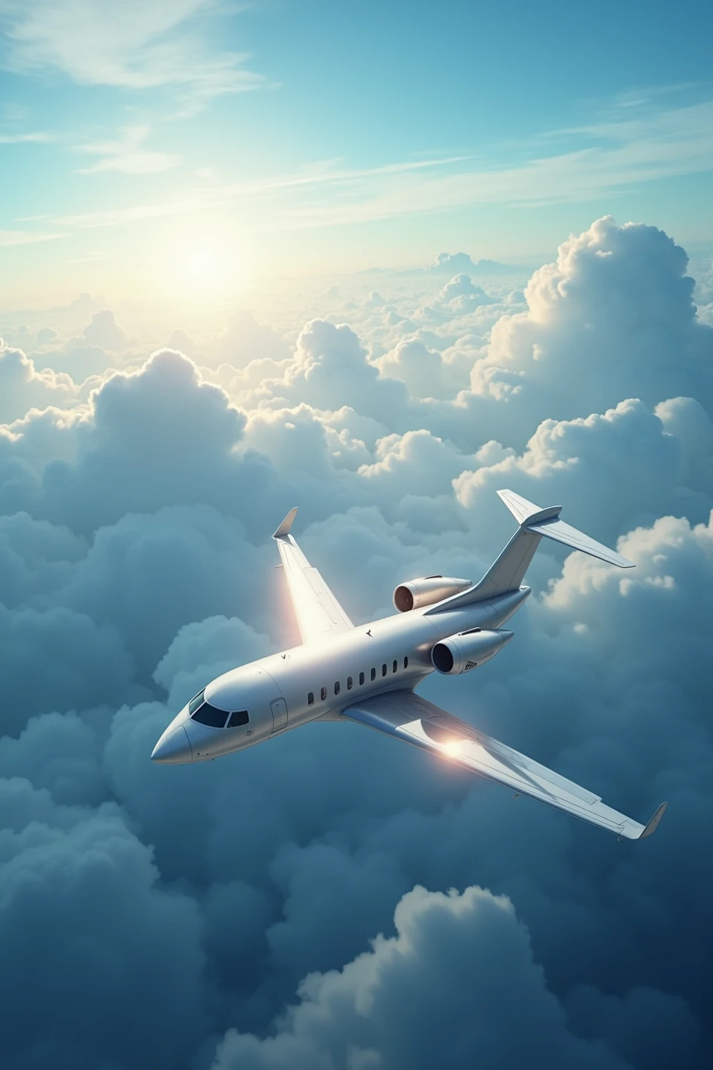 Cloud cruising scene,A silver airliner flies smoothly in the blue sky,The wing crosses the fluffy white clouds,The sun shines on the metal fuselage,A bird's-eye view shows the vast sea of clouds