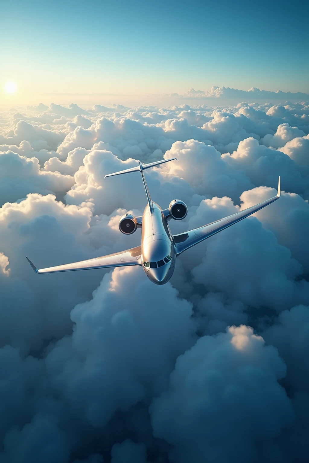 Cloud cruising scene,A silver airliner flies smoothly in the blue sky,The wing crosses the fluffy white clouds,The sun shines on the metal fuselage,A bird's-eye view shows the vast sea of clouds