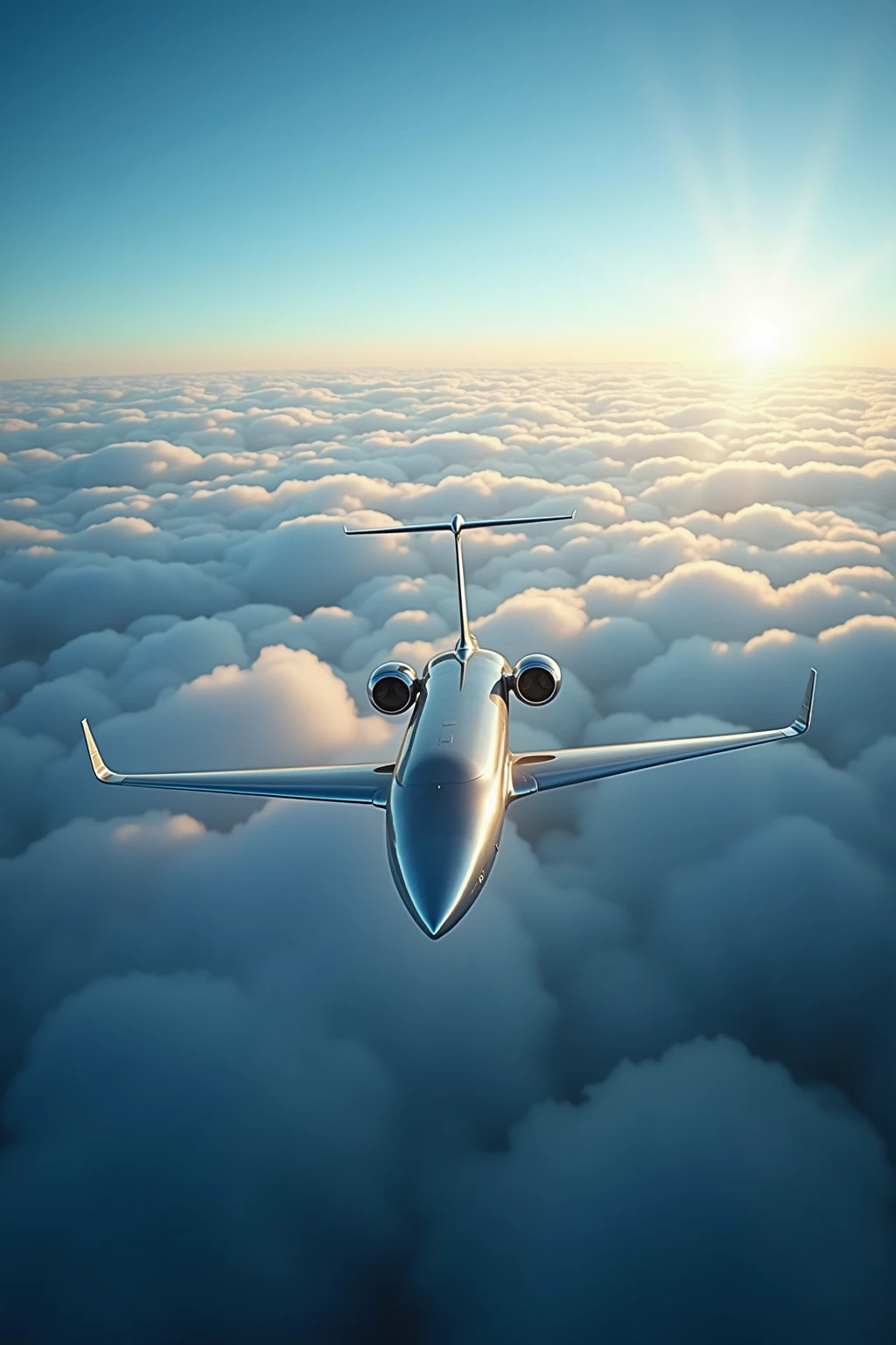 Cloud cruising scene,A silver airliner flies smoothly in the blue sky,The wing crosses the fluffy white clouds,The sun shines on the metal fuselage,A bird's-eye view shows the vast sea of clouds