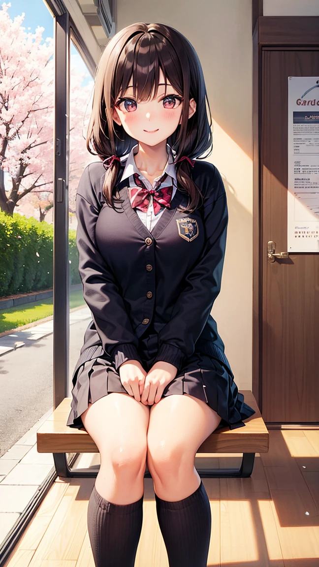 masterpiece, Best quality, Double ponytailed girl, adolable, Anime style, Big eyes, Sweet smile, School uniform, cherry blossoms campus corridor, cherry blossoms falling, sunshine through the window, youthful campus, High Details, 8k, hight resolution, soft colors, Warm atmosphere