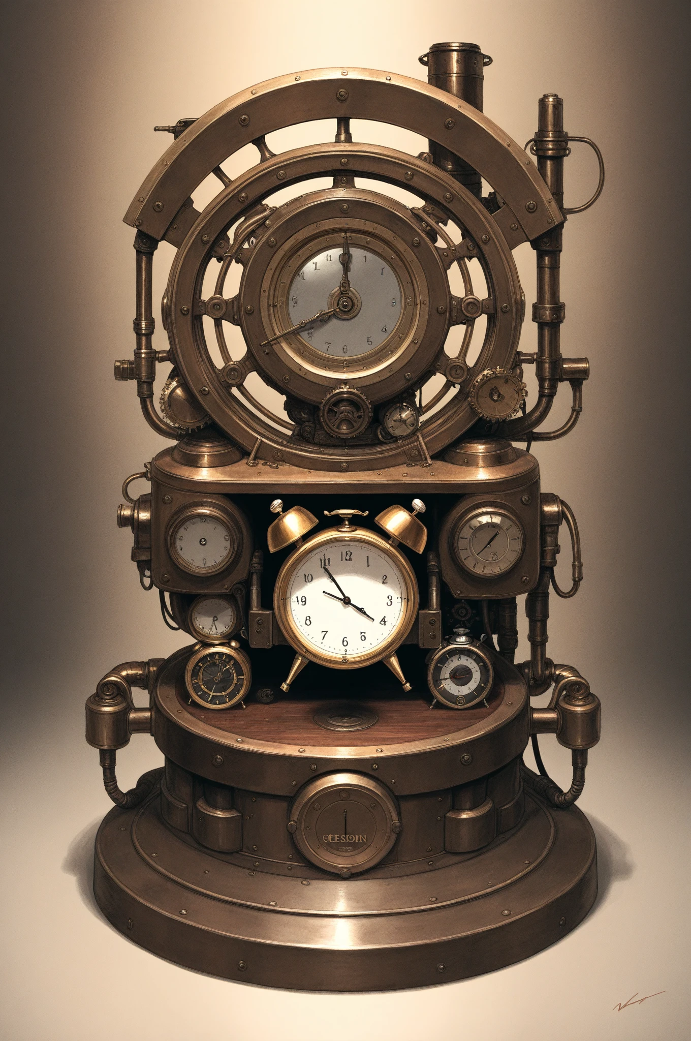 masterpiece, Best quality, mechanical gear alarm clock, vintagestyle, brass material, precision machinery, Steampunk, High Details, 8k, realistic style, industrial design