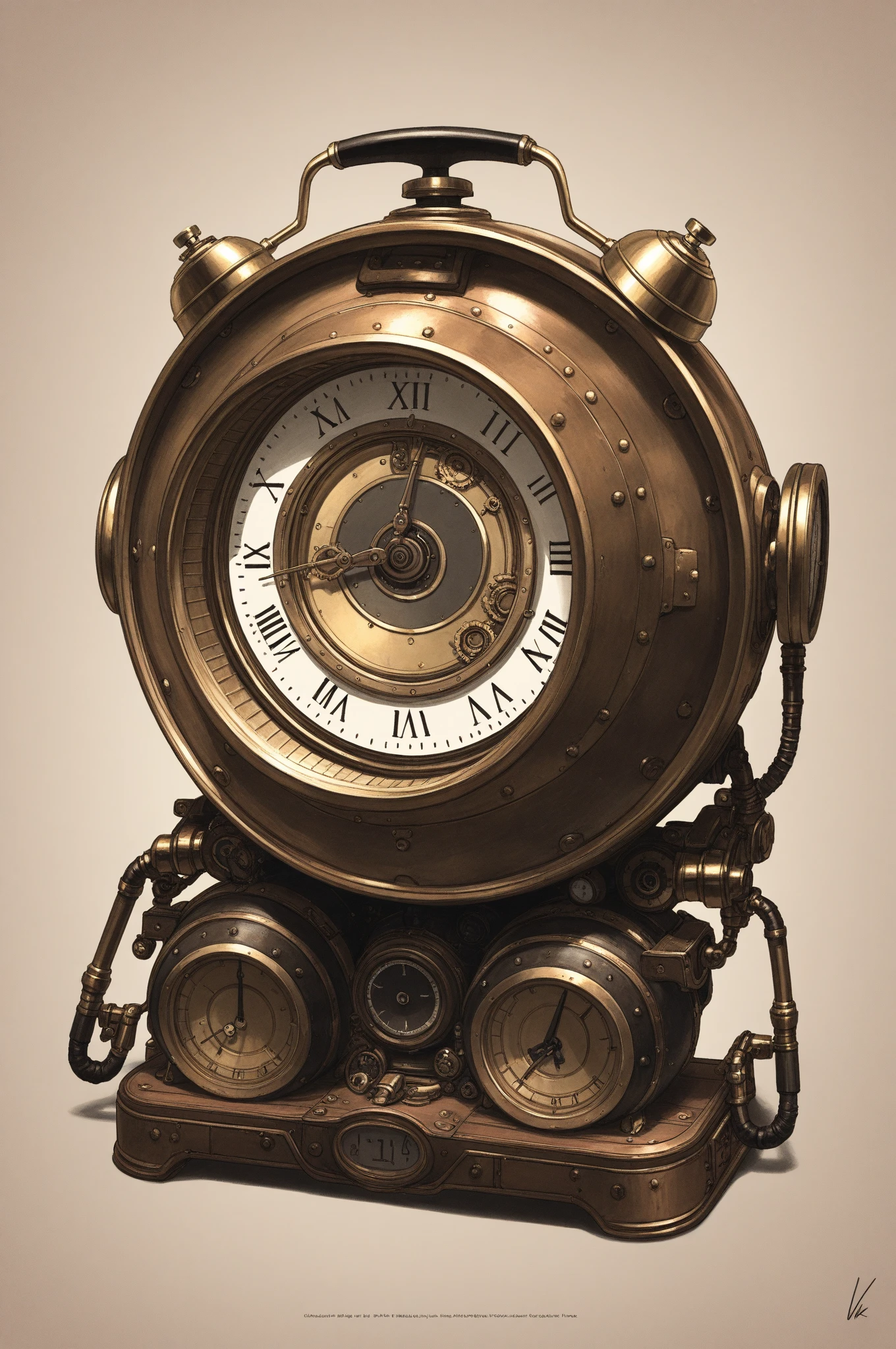 masterpiece, Best quality, mechanical gear alarm clock, vintagestyle, brass material, precision machinery, Steampunk, High Details, 8k, realistic style, industrial design