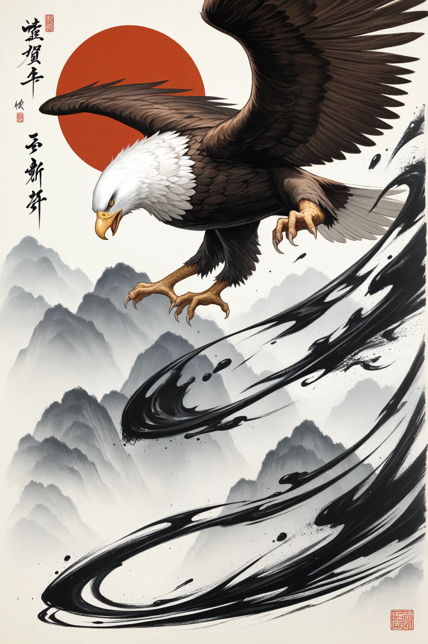 masterpiece, Best quality, eagle, ink painting style, China-style, traditional art, black and white gray tones, Smooth brushstrokes, The artistic conception is far-reaching, High Details, 8k