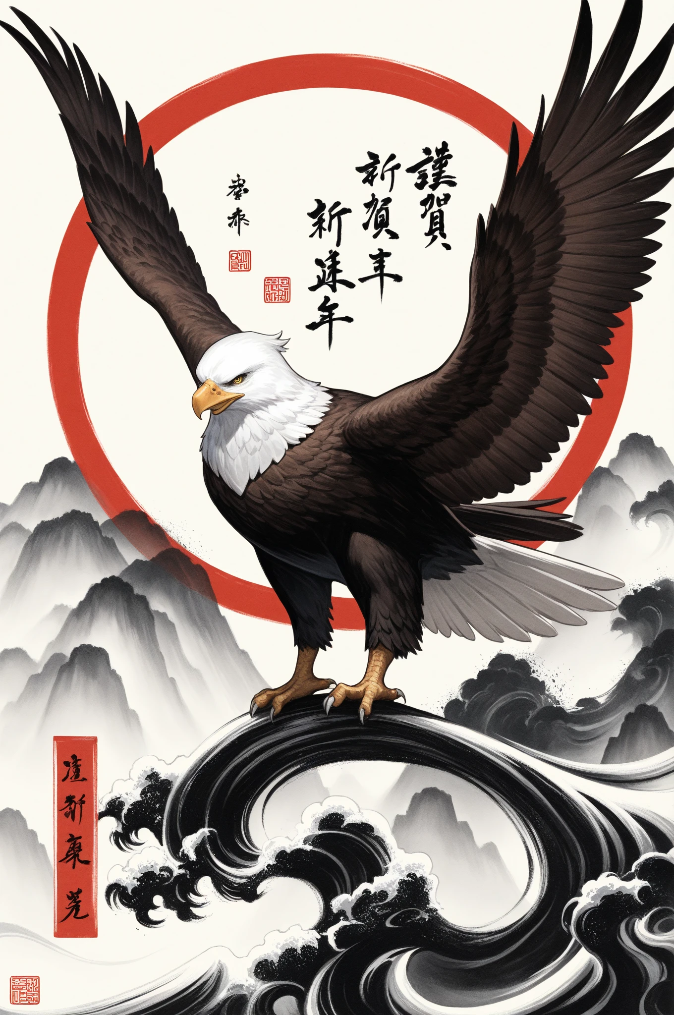 masterpiece, Best quality, eagle, ink painting style, China-style, traditional art, black and white gray tones, Smooth brushstrokes, The artistic conception is far-reaching, High Details, 8k