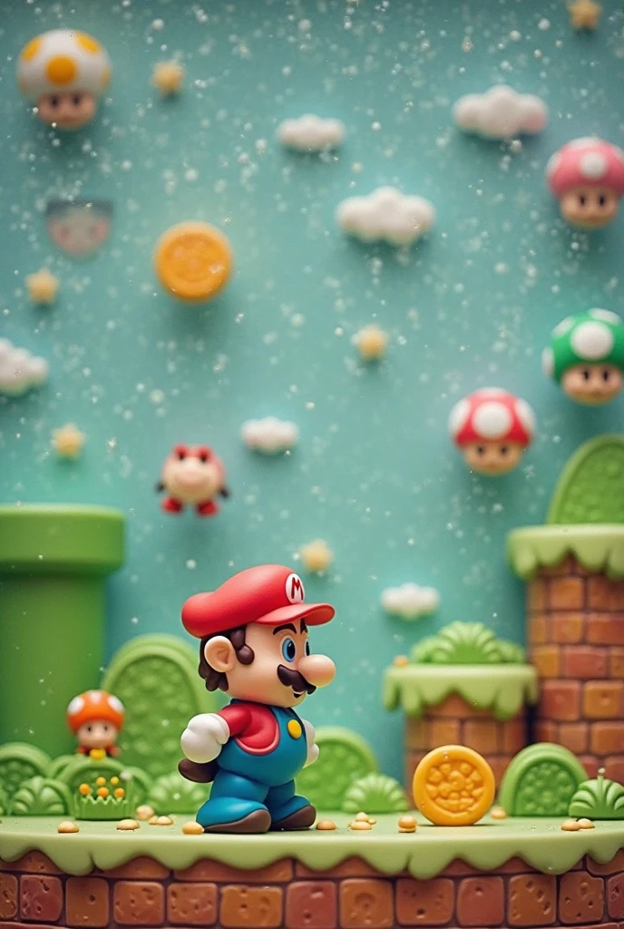Soft uneven texture,Polaroid film,VHS video low quality,handmade clay production,retro video quality,Rough Imperfect Elements {x} Side-Scrolling Mario Game Levels,nostalgic pixel art,Uneven texture,distorted effect,Soft to the touch,colorful clay,clay Mario,round limbs,uneven beard,pixelated 8 clumsy world,clay pipe,clay gold coin,clay Goombas,Simulates a rainy day Film Still Frames,game ui,classic scorer,MARIO text,coin count,timer,square letter,retro video quality,playful Looks like,clay animation,Vintage photography,Film graininess,retro aesthetic,low fidelity quality,analog effects