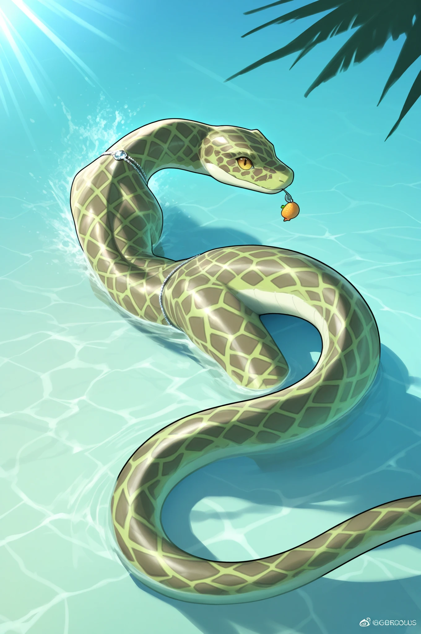 silver ring python,Gorgeous pattern,, correct posture,Swimming in water,Tropical waters,Sunlight refraction,wild charm,Natural light effects