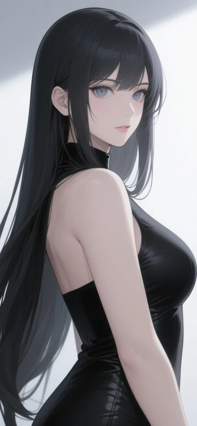 anime two-dimensional lady,super long black hair,cool facial shadows with light,gray pupil color,natural,inside in room,black clothes with clean background,Full body,Face close-up,cool color extreme detail