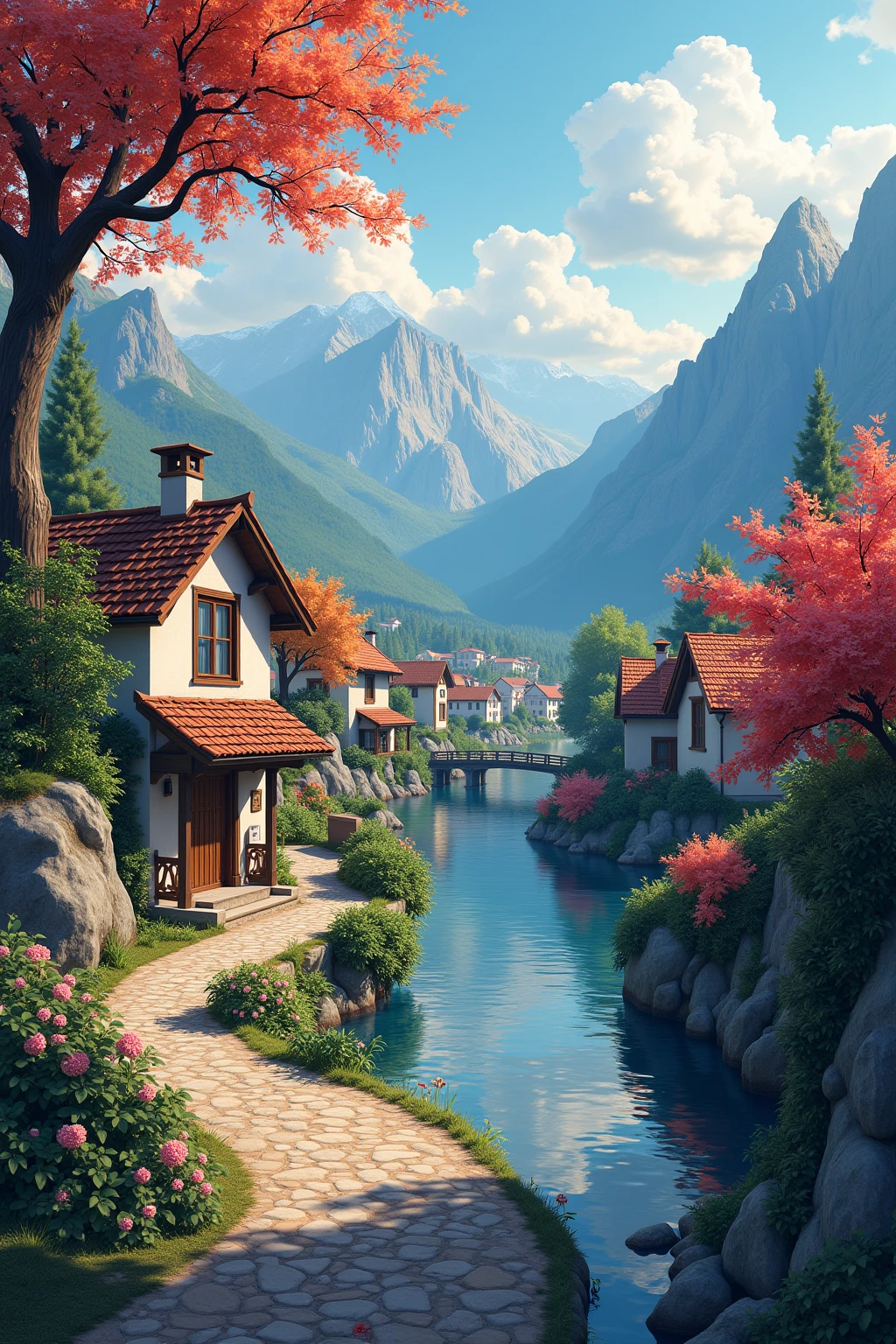a small village by the river,Background is mountains,Flowers bloom,Brightly colored,Detailed scenery,Beautiful natural landscape,Ambiance Lighting,Scorching sunset,a warm color palette,utility,utility摄影,Delicate leaves,Intricate architecture,cobblestone streets,charming country house,Swirling bright colors,dense vegetation,Intricate architecture,picturesque,Leisure and tranquility,artwork of a,Best quality,8k,Extremely detailed,Anime style