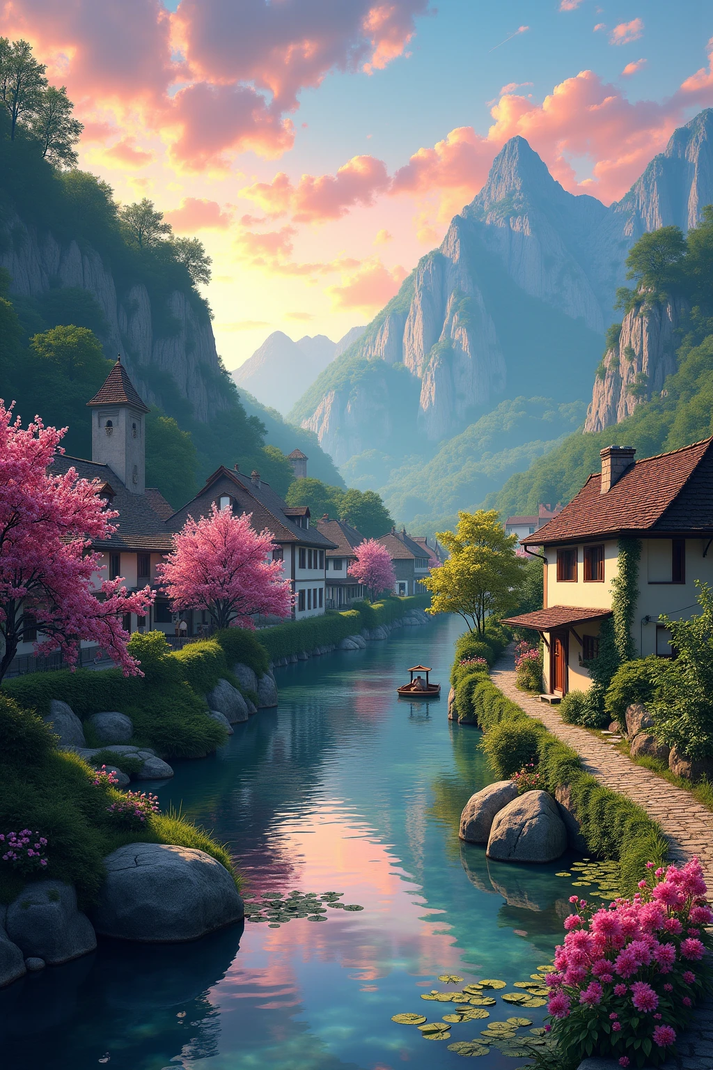 a small village by the river,Background is mountains,Flowers bloom,Brightly colored,Detailed scenery,Beautiful natural landscape,Ambiance Lighting,Scorching sunset,a warm color palette,utility,utility摄影,Delicate leaves,Intricate architecture,cobblestone streets,charming country house,Swirling bright colors,dense vegetation,Intricate architecture,picturesque,Leisure and tranquility,artwork of a,Best quality,8k,Extremely detailed,Anime style