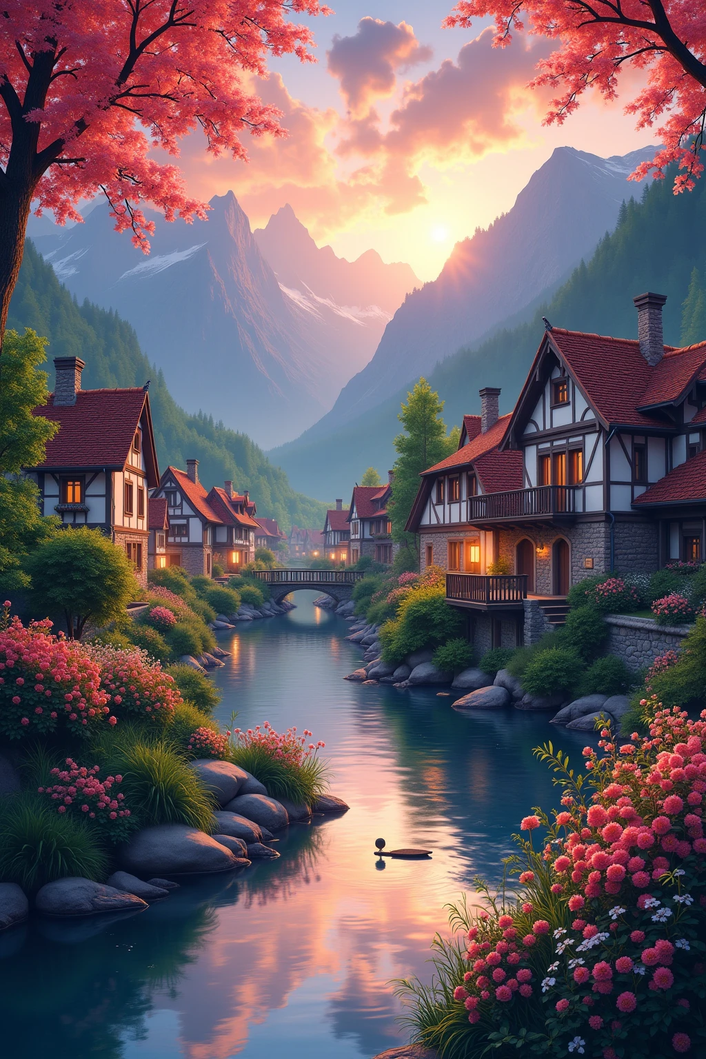 a small village by the river,Background is mountains,Flowers bloom,Brightly colored,Detailed scenery,Beautiful natural landscape,Ambiance Lighting,Scorching sunset,a warm color palette,utility,utility摄影,Delicate leaves,Intricate architecture,cobblestone streets,charming country house,Swirling bright colors,dense vegetation,Intricate architecture,picturesque,Leisure and tranquility,artwork of a,Best quality,8k,Extremely detailed,Anime style