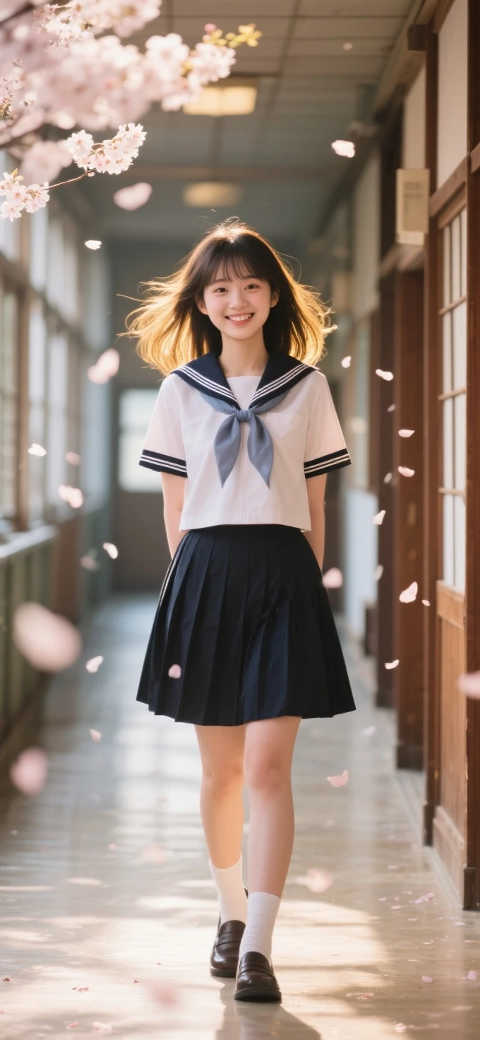 Beautiful girl in a Japanese school uniform standing in a Japanese school hallway,Exquisite facial features like a porcelain doll,plump figure perfectly showing curves in a school uniform,HD 8k quality real life photo,Lovely smile,natural light and shadows outline the face,cherry blossoms falling, blurred background,backlighting with golden edges,Canon EOS R5 shooting portrait mode,skin showing a healthy blush
