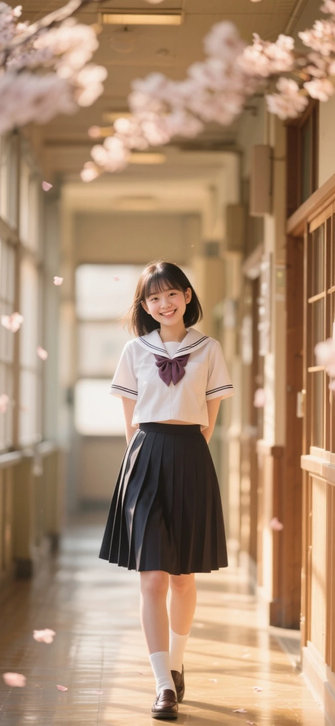 Beautiful girl in a Japanese school uniform standing in a Japanese school hallway,Exquisite facial features like a porcelain doll,plump figure perfectly showing curves in a school uniform,HD 8k quality real life photo,Lovely smile,natural light and shadows outline the face,cherry blossoms falling, blurred background,backlighting with golden edges,Canon EOS R5 shooting portrait mode,skin showing a healthy blush