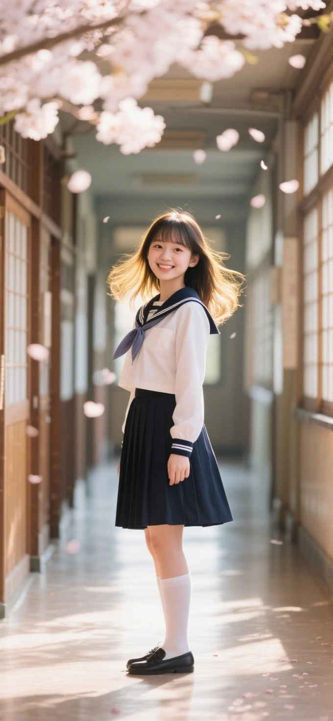 Beautiful girl in a Japanese school uniform standing in a Japanese school hallway,Exquisite facial features like a porcelain doll,plump figure perfectly showing curves in a school uniform,HD 8k quality real life photo,Lovely smile,natural light and shadows outline the face,cherry blossoms falling, blurred background,backlighting with golden edges,Canon EOS R5 shooting portrait mode,skin showing a healthy blush