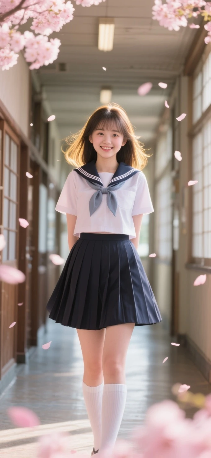 Beautiful girl in a Japanese school uniform standing in a Japanese school hallway,Exquisite facial features like a porcelain doll,plump figure perfectly showing curves in a school uniform,HD 8k quality real life photo,Lovely smile,natural light and shadows outline the face,cherry blossoms falling, blurred background,backlighting with golden edges,Canon EOS R5 shooting portrait mode,skin showing a healthy blush
