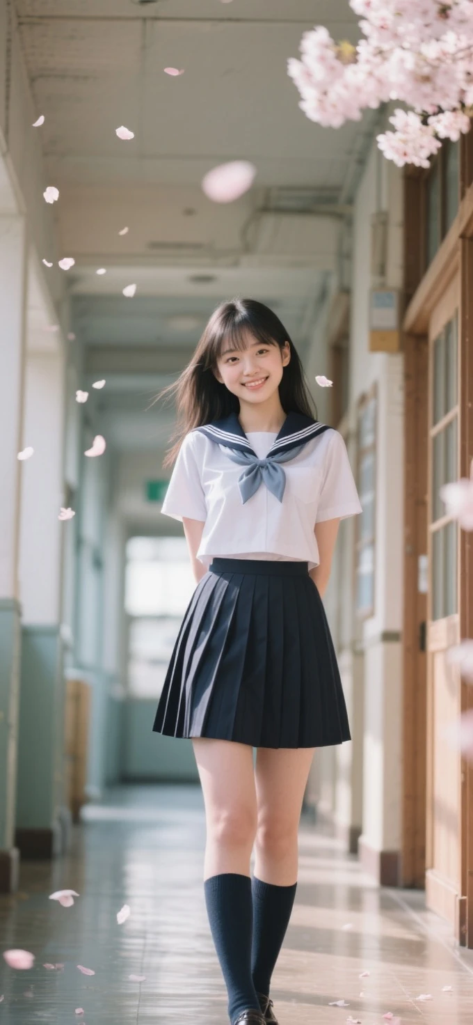 Beautiful girl in a Japanese school uniform standing in a Japanese school hallway,Exquisite facial features like a porcelain doll,plump figure perfectly showing curves in a school uniform,HD 8k quality real life photo,Lovely smile,natural light and shadows outline the face,cherry blossoms falling, blurred background,backlighting with golden edges,Canon EOS R5 shooting portrait mode,skin showing a healthy blush
