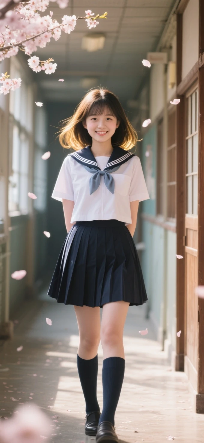 Beautiful girl in a Japanese school uniform standing in a Japanese school hallway,Exquisite facial features like a porcelain doll,plump figure perfectly showing curves in a school uniform,HD 8k quality real life photo,Lovely smile,natural light and shadows outline the face,cherry blossoms falling, blurred background,backlighting with golden edges,Canon EOS R5 shooting portrait mode,skin showing a healthy blush