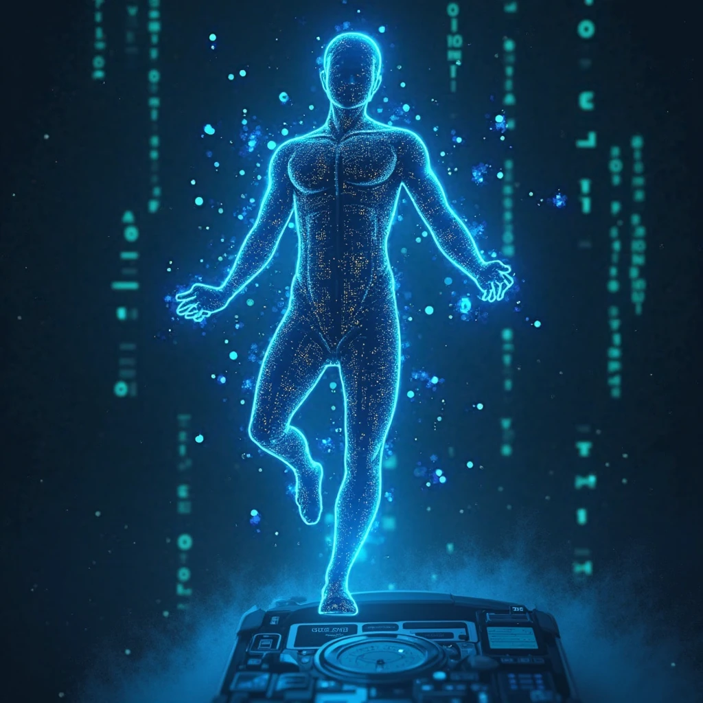 Mysterious AI entity floating in digital space, glowing blue circuits forming an enigmatic humanoid silhouette, surrounded by floating binary code fragments, cyberpunk neon lighting, close-up portrait with slight low angle perspective