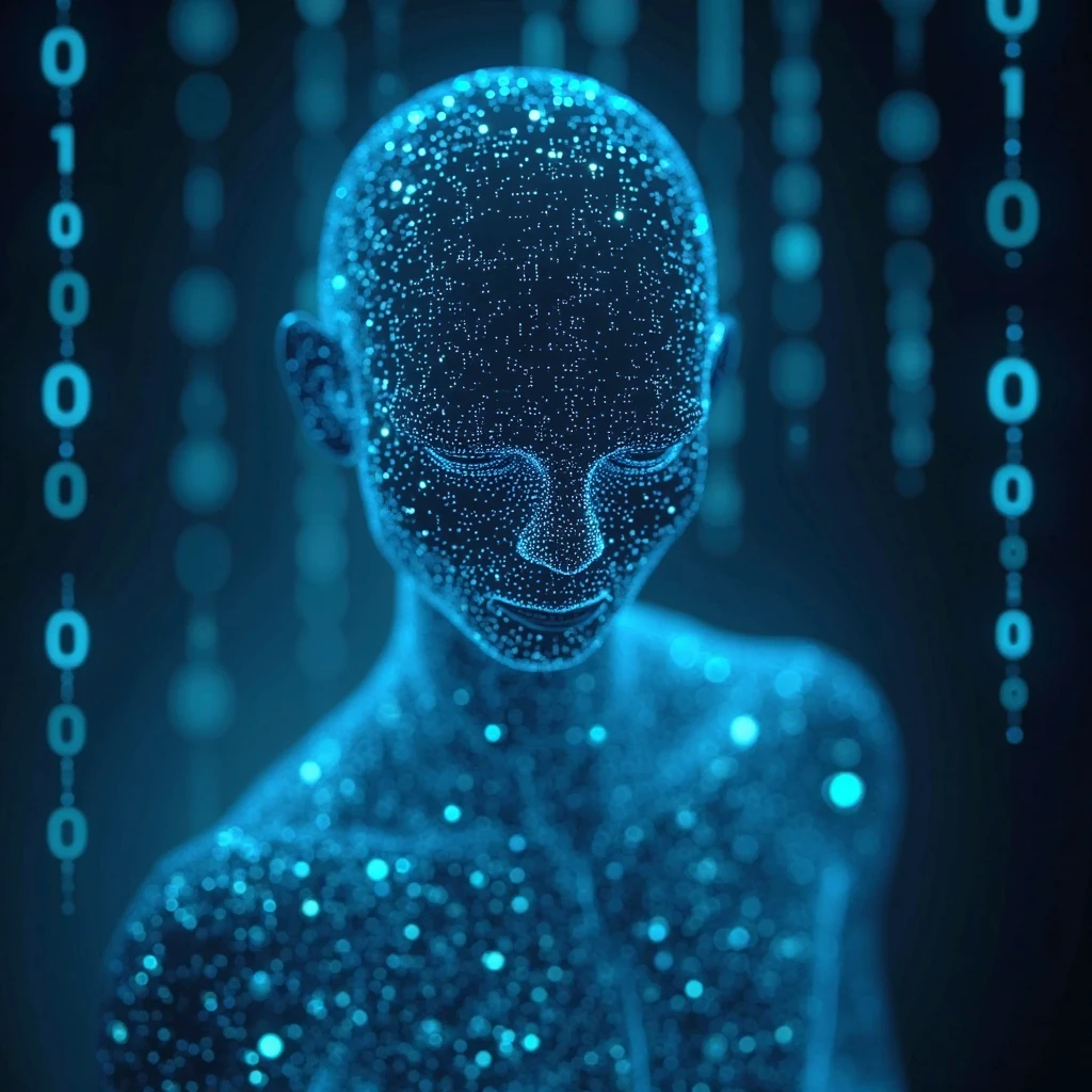 Mysterious AI entity floating in digital space, glowing blue circuits forming an enigmatic humanoid silhouette, surrounded by floating binary code fragments, cyberpunk neon lighting, close-up portrait with slight low angle perspective