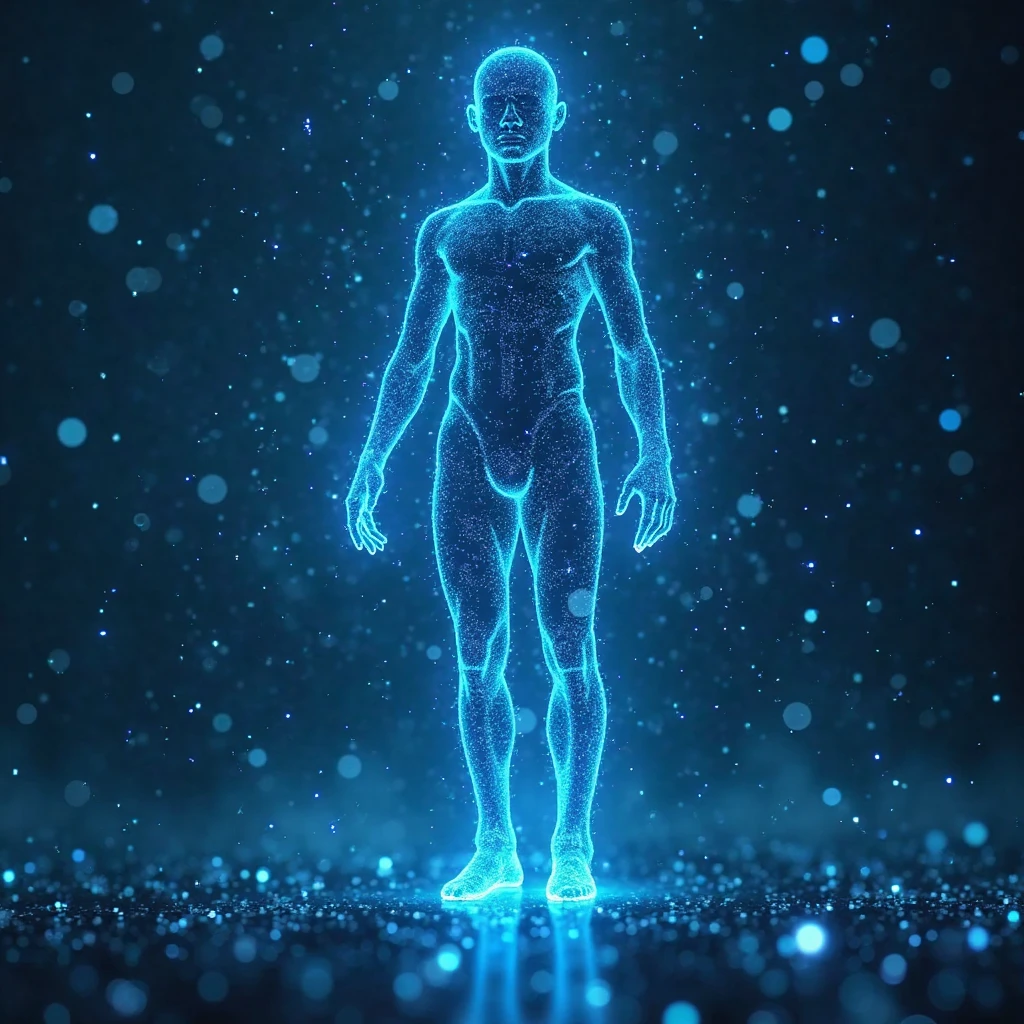 Mysterious AI entity floating in digital space, glowing blue circuits forming an enigmatic humanoid silhouette, surrounded by floating binary code fragments, cyberpunk neon lighting, close-up portrait with slight low angle perspective